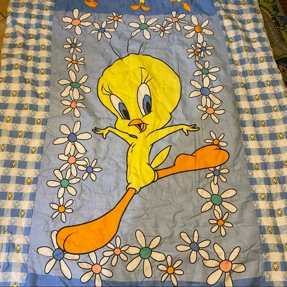 Vintage 1998 WB Looney Tunes Tweety Bird Reversible Blue Checkered 90s Comforter - Picture 6 of 7